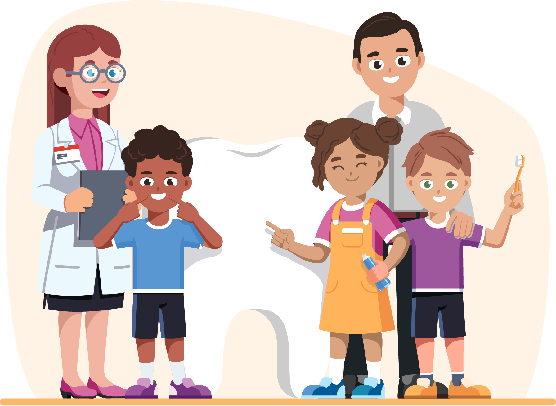 Colorful illustration of family and dentist smiling and giving a thumbs up.
